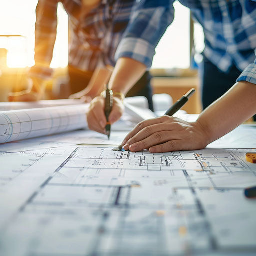 Architect and engineer collaboration on blueprints