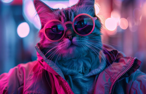 Cat in pink sunglasses and techno-organic jacket, heatwave