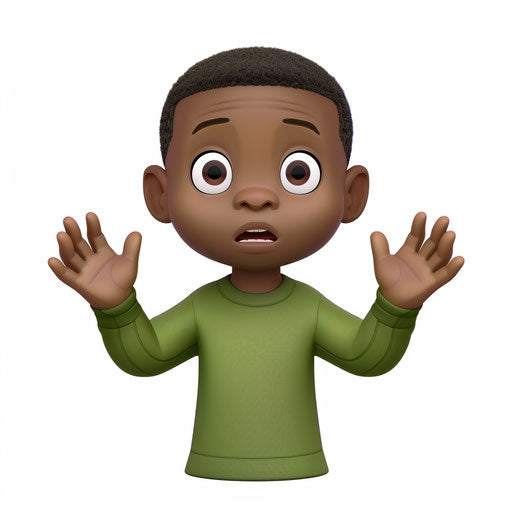 Confused black boy with raised arms wearing green shirt