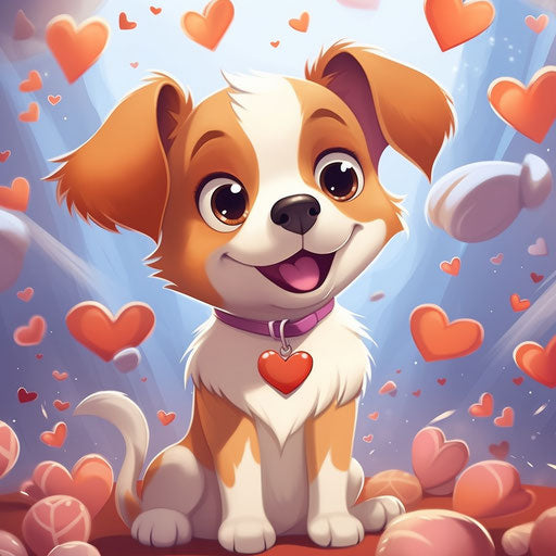 Happy cartoon dog on hearts background, charming anime style