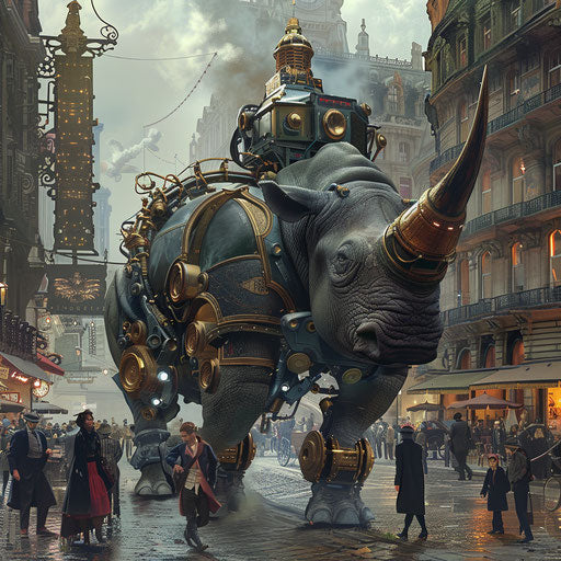 Mechanized rhino strolling through a bustling Victorian city