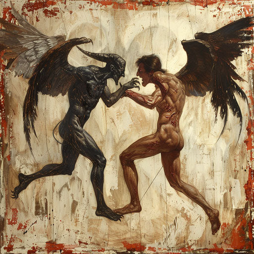 Angel and demon battle on the back, Brom style