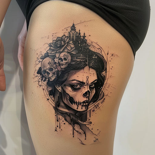 Small tattoos for women in the style of Gerald Brom with a dark, gothic skull