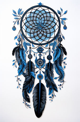 Blue dream catcher with blue feathers, intricate woodcut style, black and azure