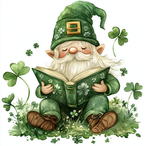 St. Patrick's Day gnome reading a book with clovers