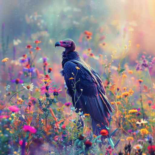 Vulture among colorful wildflowers