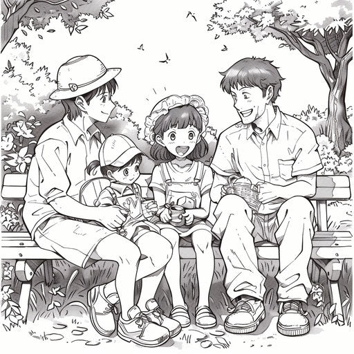 Anime family enjoying day at park, Mamoru Hosoda style
