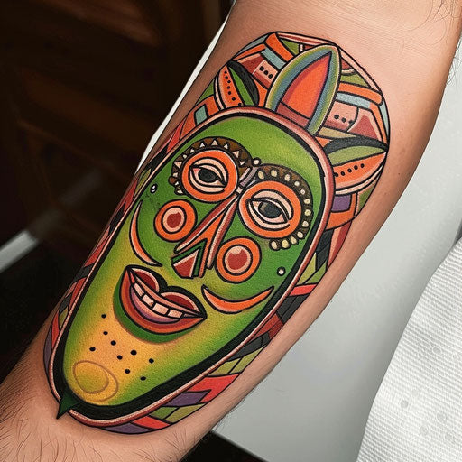 Bold flat tattoo sketch of an avocado with a neon tribal mask face