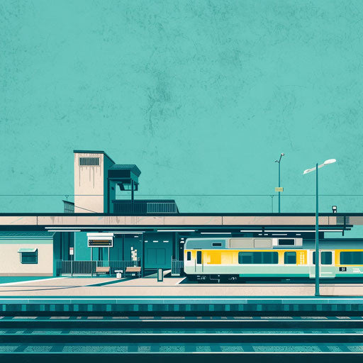 Realistic train station clipart with teal flat background