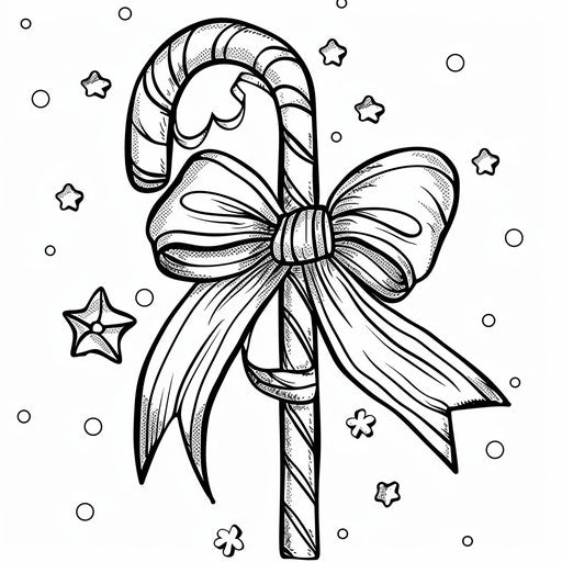 A candy cane tied with a festive ribbon, coloring book page.