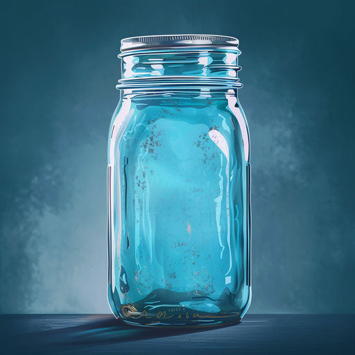 Photo realistic style illustration of a mason jar with flat random background, metallic sheen and realistic textures
