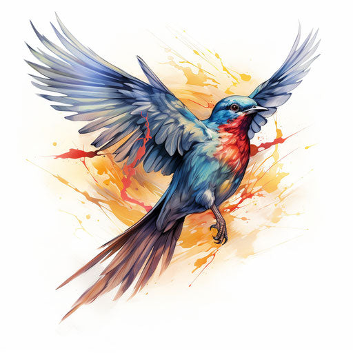 Bird flying, red blue tattoo style, yellow blue