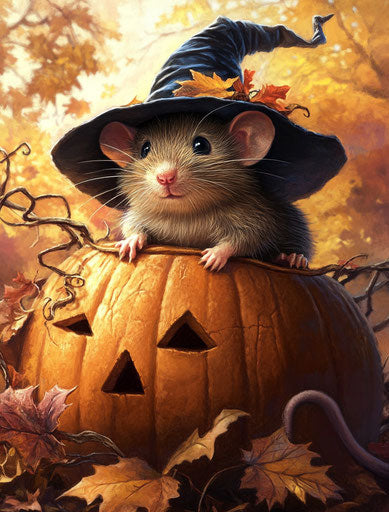 Sweet mouse in witch hat on pumpkin