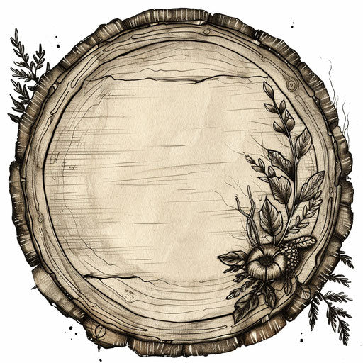 Rustic flat tattoo sketch of a circle with wood grain texture and natural motifs