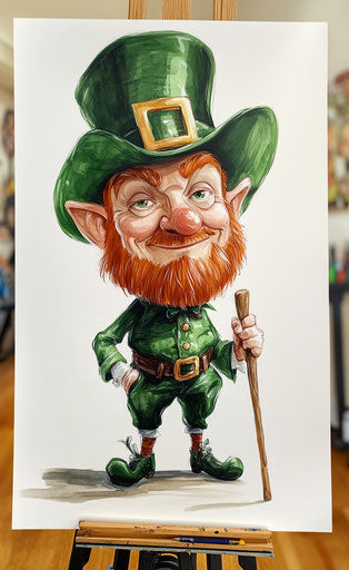 A humorous caricature of an Irish leprechaun with a green top hat and a red beard