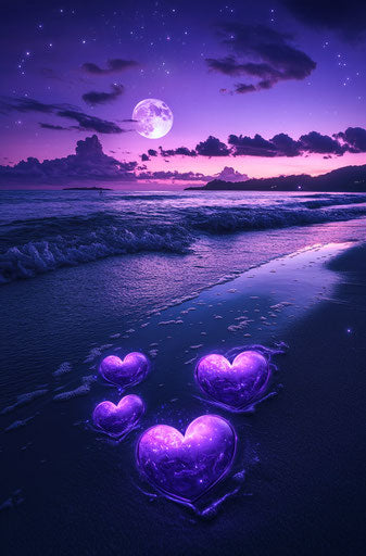 Glowing purple hearts on the beach at night