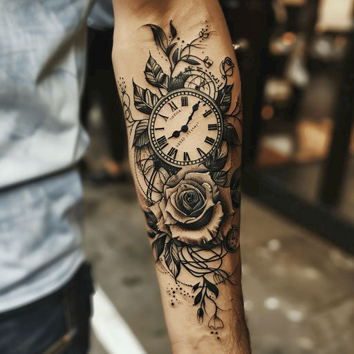 Meaningful tattoos for men with rose and clock