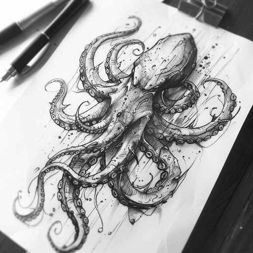 Detailed sketch of a traditional kraken tattoo