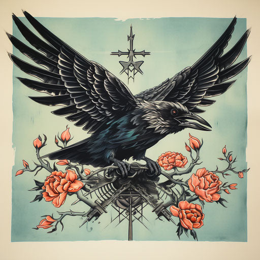 A crow tattoo on paper in neo-traditional Japanese style