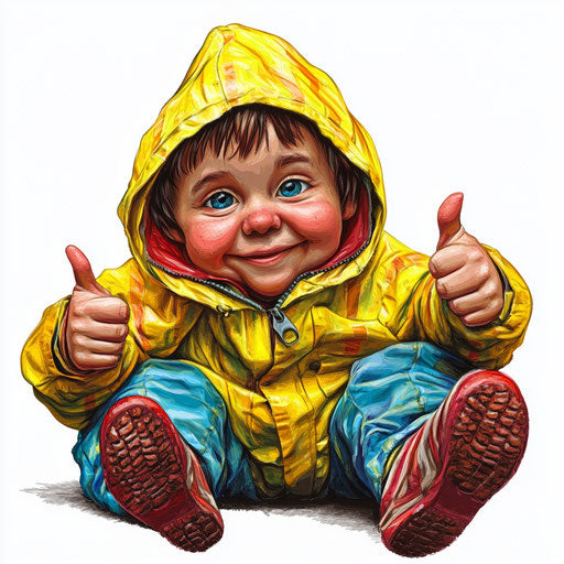 Humorous caricature of a raincoat with human characteristics, chubby cheeks, toes feet, lying on the ground, vibrant colors, cartoon style, thumbs up, high-resolution, no background, isolated