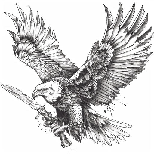 Majestic eagle in flight with hunting knife, sharp linework design