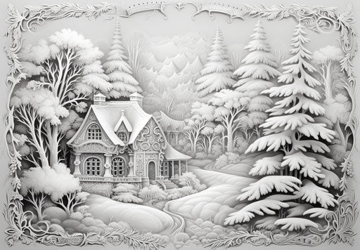 Ornate drawing of cottage, village and snow