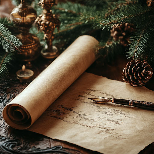 Christmas wishes on aged parchment with elegant quill
