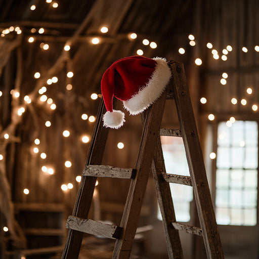 Santa hat hanging on rustic wooden ladder
