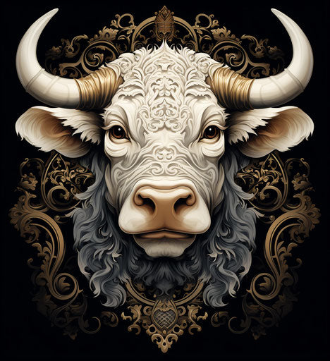 White bull with geometric designs, mythological style