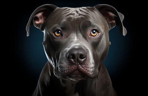 Pit bull breed, dark blue and gray style, anemoiacore, exaggerated features, high quality photo 17:11