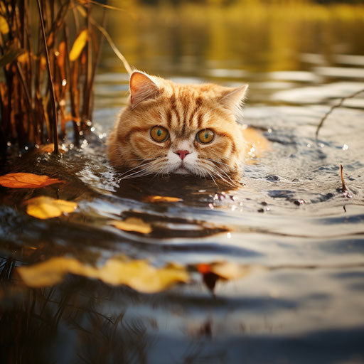Exotic shorthair cat swimming in a lake by the shore