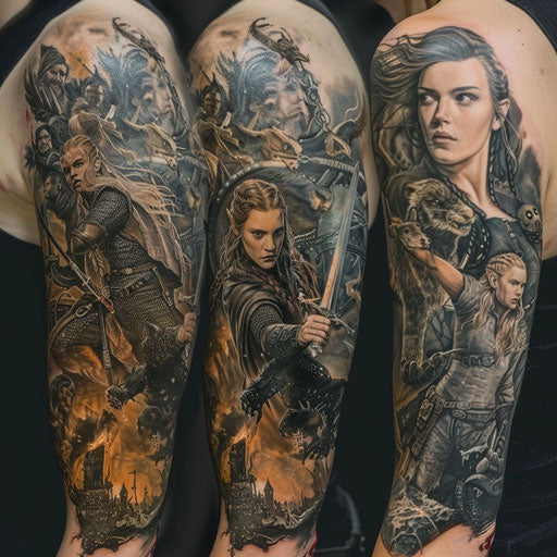 Women's sleeve tattoos with epic battles and legendary heroines