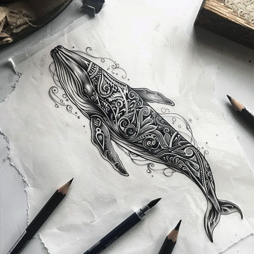 Intricate tattoo sketch of a whale with tribal patterns