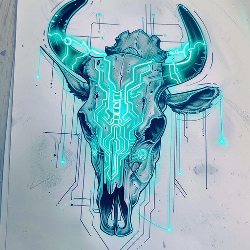 Futuristic cow skull sketch with circuit patterns