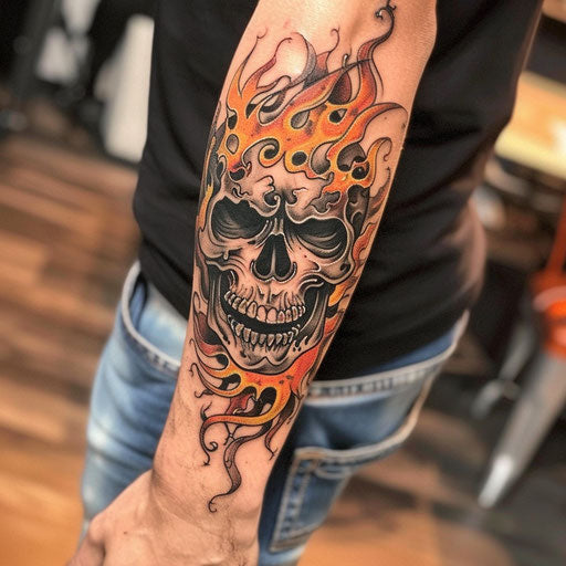 Men's forearm tattoo of a flaming skull, Ed Hardy style