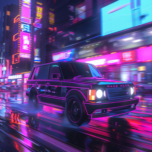 Cyberpunk vehicle with underglow driving in neon city