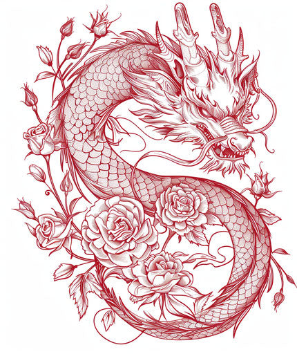 Dragon outlined with roses and red, oriental ism style, dracopunk