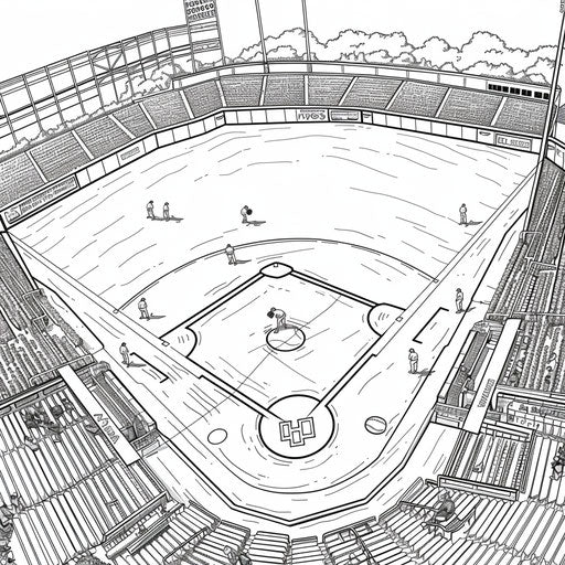 Baseball field with players in position. Coloring book page