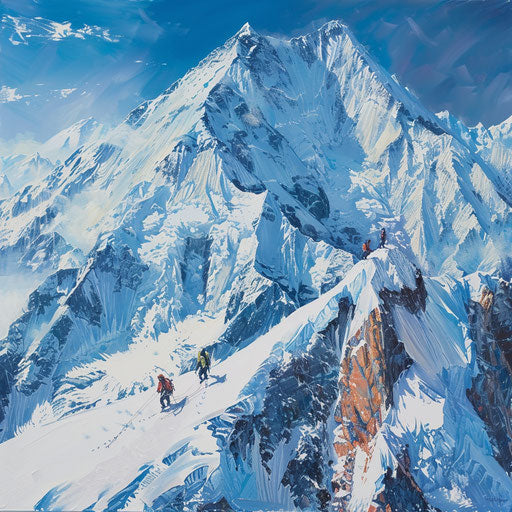 Denali with climbers ascending, rugged terrain, Jimmy Chin style