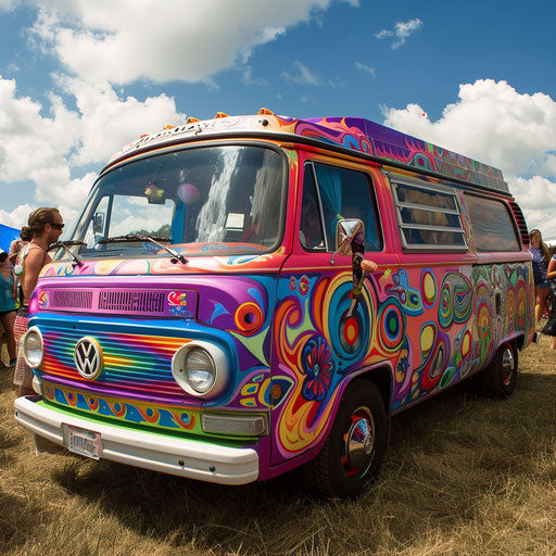Vintage van at music festival, dance and music
