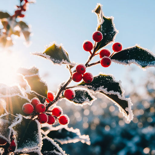 Frost-covered holly branch under a bright blue winter sky