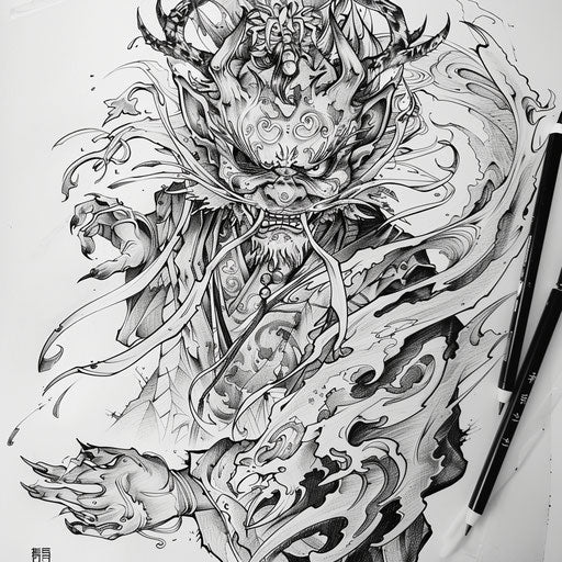Flat tattoo sketch of a Japanese demon with elegant, flowing robes and detailed textures