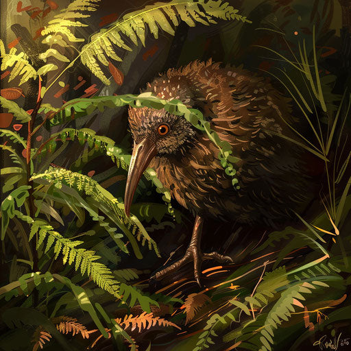 A kiwi bird hidden among the ferns