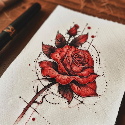 Retro-style tattoo sketch of a red rose with dotwork and a monochrome palette