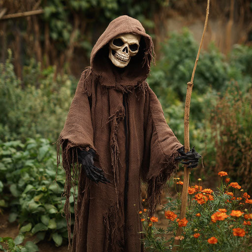 Ghoulish figure in a garden with orange flowers