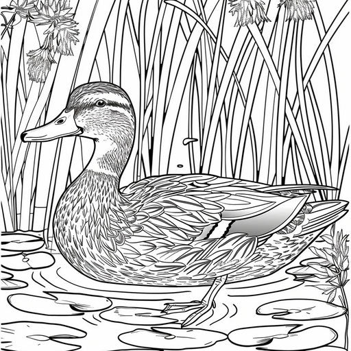 Duck swimming on a pond with reeds. Coloring book page