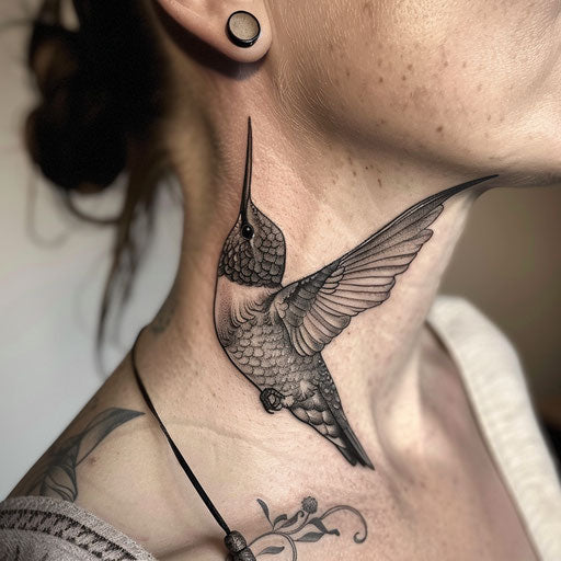 Realism hummingbird tattoos Maria Sibylla Merian style, neck