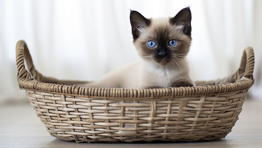 Siamese kitten near basket in white bedroom decor
