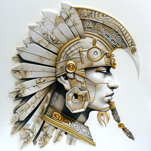 Mayan warrior helmet tattoo design, accented with gold and silver ink, on a pristine white base.