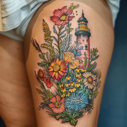 Wildflower tattoo with lighthouse, nautical theme, bright colors, guiding light